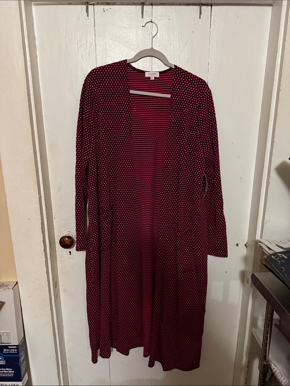 LuLaRoe Open-Front Cardigan in Pink and Black Dot Print